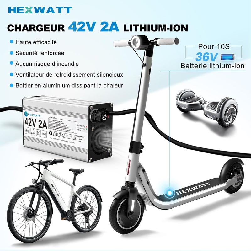 HEXWATT 42V 2A Charger for 36V Lithium-ion Battery Electric Scooter ebike Electric Bike Hoverboard Universal Replacement Charger with 6 Connectors - Image 2